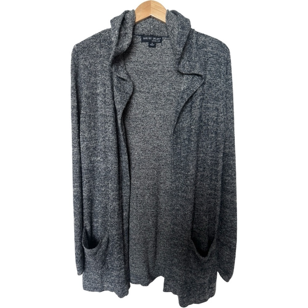 BAREFOOT DREAMS CozyChic Lite Knit Resort Hooded Cardigan Navy Blue Grey Medium - Picture 3 of 7